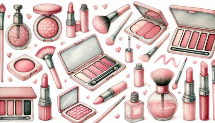 Fototapeta premium Illustrated Pink Makeup Collection with Brushes and Lipsticks.