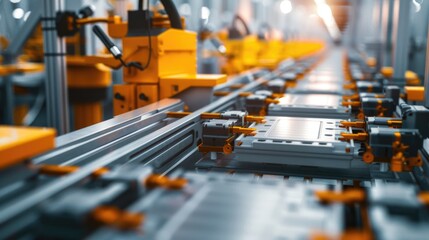 Obraz premium EV Battery Production Factory. Close-up of Lithium-ion High-voltage Battery Components for Electric Vehicle or Hybrid Car. Battery Module for Automotive Industry Production Line.