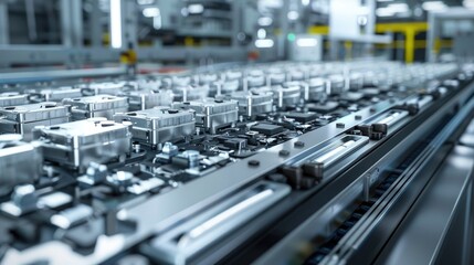 Obraz premium EV Battery Production Factory. Close-up of Lithium-ion High-voltage Battery Components for Electric Vehicle or Hybrid Car. Battery Module for Automotive Industry Production Line.