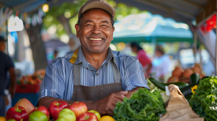 Fototapeta premium A vendor smiling proudly behind a colorful display of fresh produce, with shoppers browsing nearby stalls
