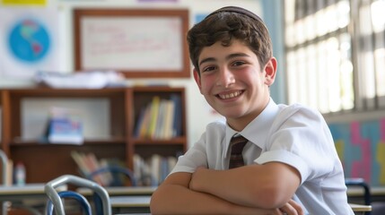 Smiling Jewish High School Boy in Classroom, Ideal for Educational and Cultural Contexts