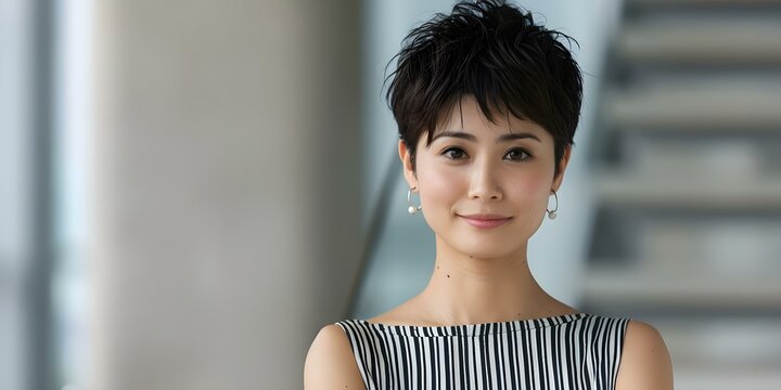 Stylish Japanese woman with pixie cut wearing a striped dress. Concept Portrait Photography, Fashion, Japanese Culture, Pixie Cut Hairstyle, Striped Dress