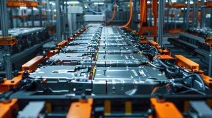 Obraz premium EV Battery Production Factory. Close-up of Lithium-ion High-voltage Battery Components for Electric Vehicle or Hybrid Car. Battery Module for Automotive Industry Production Line.