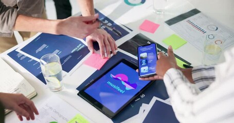 Business people, meeting and hands with app on tech for company proposal, idea and presentation. Phone, tablet and developer with screen at digital agency for software development, ux pitch or music