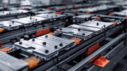 EV Battery Production Factory. Close-up of Lithium-ion High-voltage Battery Components for Electric Vehicle or Hybrid Car. Battery Module for Automotive Industry Production Line.
