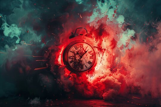 Conceptual image of a vintage alarm clock exploding amidst vibrant red and blue smoke