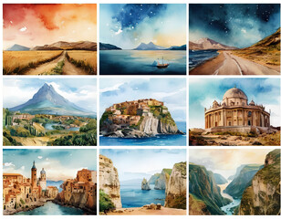 Watercolor Travel Clipart Collection - Vintage and Nostalgic Journey