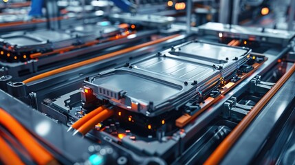 Naklejka premium EV Battery Production Factory. Close-up of Lithium-ion High-voltage Battery Components for Electric Vehicle or Hybrid Car. Battery Module for Automotive Industry Production Line.