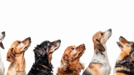 Portrait of eight dogs looking up in profile isolated on white