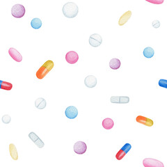 Seamless pattern with pills and capsules. Watercolor illustration isolated on white background. For design of medical textile, fabric, wrapping paper