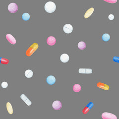 Seamless pattern with pills and capsules. Watercolor illustration isolated on gray background. For design of medical textile, fabric, wrapping paper