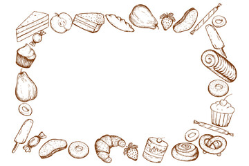 Fruits and sweets bakery Vector border. Hand drawn Yummy frame isolated on white background. Empty space framed by drawings of food.