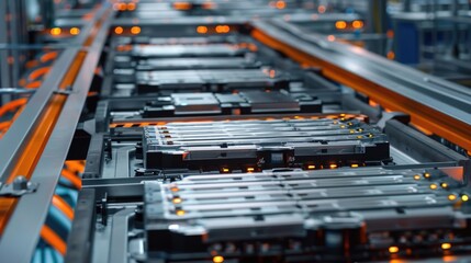 EV Battery Production Factory. Close-up of Lithium-ion High-voltage Battery Components for Electric Vehicle or Hybrid Car. Battery Module for Automotive Industry Production Line.