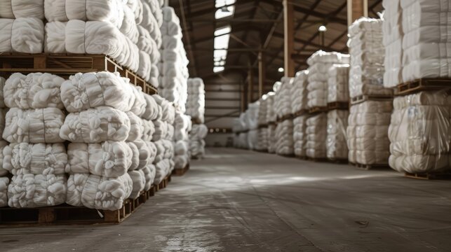 Stacked Cotton Bales in Industrial Warehouse