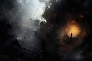 A painting of a man standing in a dark tunnel with a bright orange light in the middle. The mood of the painting is eerie and mysterious