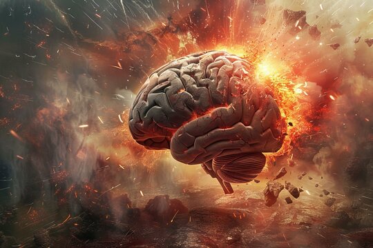 Vibrant digital illustration of an exploding brain concept art with fiery sparks and embers. Representing the chaotic and creative cognitive process of the human mind