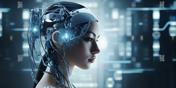 Hightech robot headpiece processes digital data in futuristic setting. Concept Futuristic Technology, Artificial Intelligence, High-Tech Innovation, Digital Data Processing, Robot Aesthetics