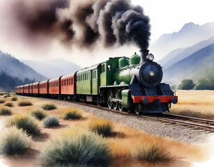 Fototapeta premium Watercolor Steam Train - Nostalgic Journey Through Countryside