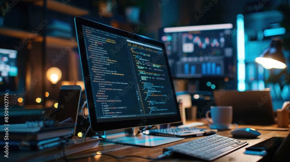 Wall mural a computer monitor displays a large amount of code on its screen