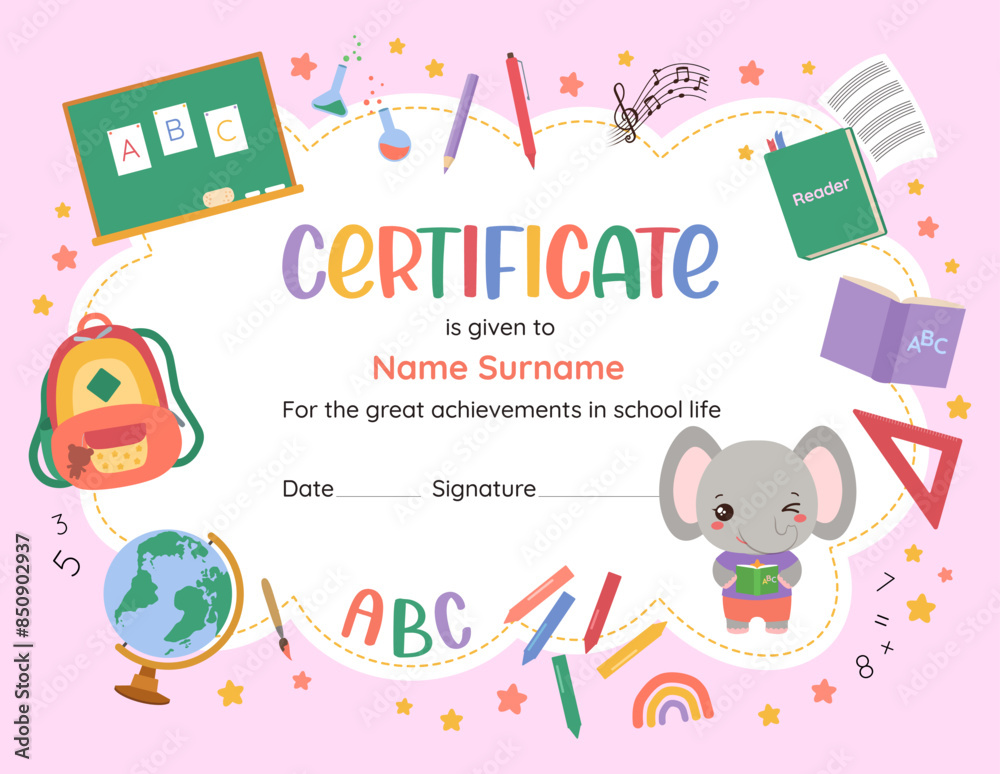 Wall mural Cute certificate design template for elementary school. Back to school playful frame background. Children vector illustration of school supplies. Vibrant colors, fun character, child-friendly design. - Wall murals
