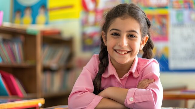 Jewish schoolgirl with braided hair smiling in a classroom, promoting education, diversity, and childhood learning