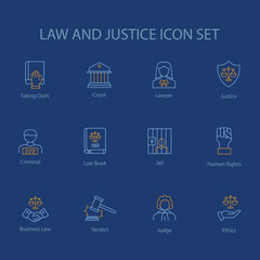 Legal Icons Collection: Judge, Lawyer, Court, Justice, Law Book, Jail, Taking Oath, Criminal, Human Rights, Business Law, Verdict with editable stroke.