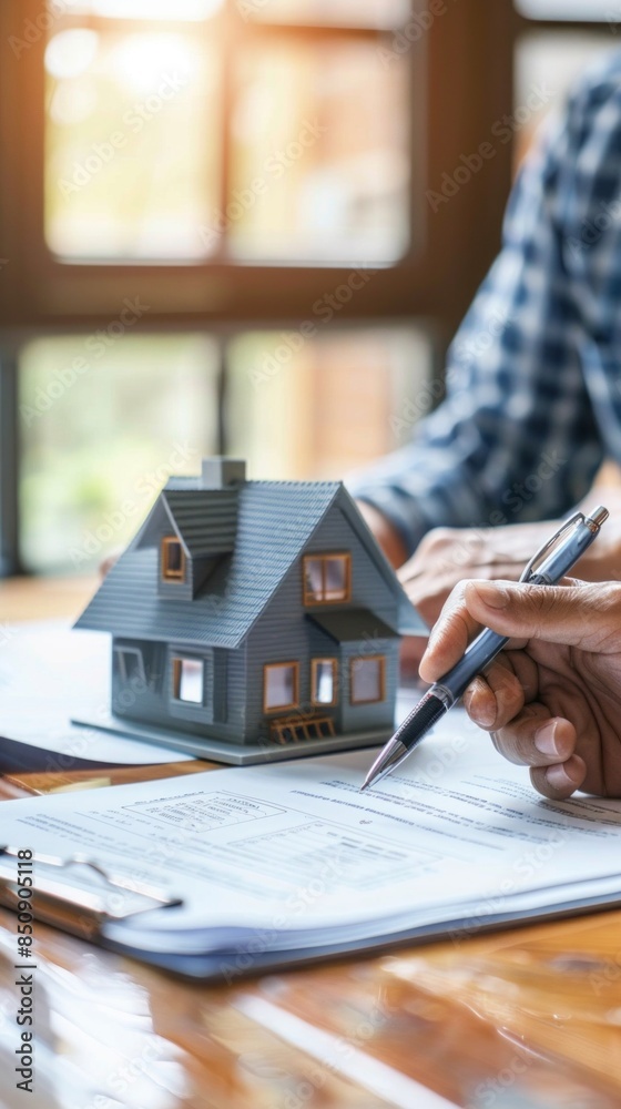 Poster a man is writing on a piece of paper with a pen in front of a model house