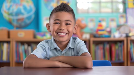 Asian Pacific Elementary School Boy Smiling in Classroom, Child Education, Multicultural Learning Environment