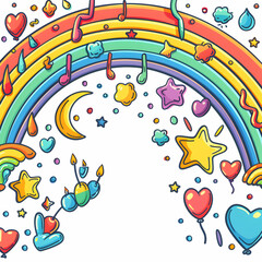 Obraz premium Doodle Style 3D Flat Icon Border Frame with Rainbow Stripes and Celebration Icons for Joyful Pride, Copy Space Included