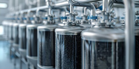 Illustration of Biochar Filter Unit Showing Water Filtration Process. Concept Water Filtration Process, Biochar Filter Unit, Illustration, Environmental Technology, Clean Water Solution