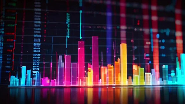 A representation of a bar graph with bright neon-colored bars of varying heights.