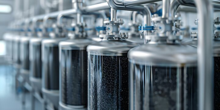 Illustration of Biochar Filter Unit Showing Water Filtration Process. Concept Water Filtration Process, Biochar Filter Unit, Illustration, Environmental Technology, Clean Water Solution