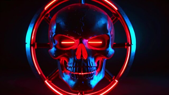 A blue and black skull with red glowing eyes and a red target behind it.