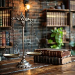 A scale of justice on a table next to a stack of books