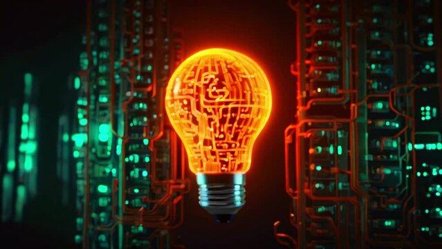This is a glowing orange light bulb. The bulb has a circuit board pattern on it and is set against a dark background with green circuit board patterns.