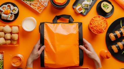 Sushi takeaway on orange table. Eating sushi for lunch break or diner, lunch meal at work, eating at work. Takeout bag