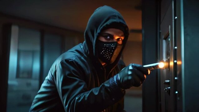 A person thief wearing a black hoodie and mask is attempting to pick a lock on a door.