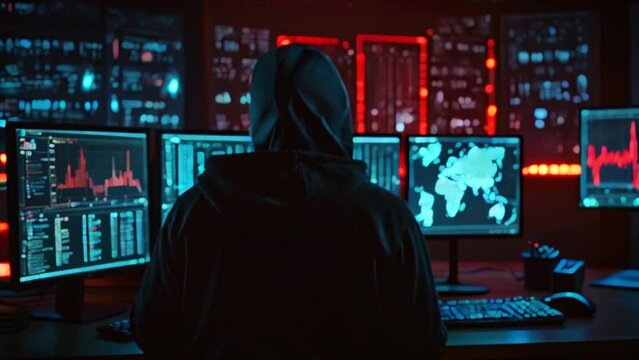 A hacker in a black hoodie is sitting in front of a bank of computer monitors. The monitors are displaying various data and graphs.