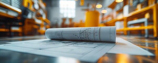 A focused shot of an architectural blueprint on a table in an industrial workspace with yellow railings