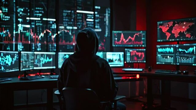 A hacker in a dark hoodie is sitting in front of a lot of computer screens that are displaying graphs and maps.