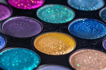 Vibrant display of glitter eyeshadow colors shimmering in a makeup palette