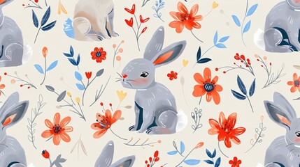 Obraz premium A delightful seamless pattern featuring adorable abstract rabbits and flowers perfect for children s designs