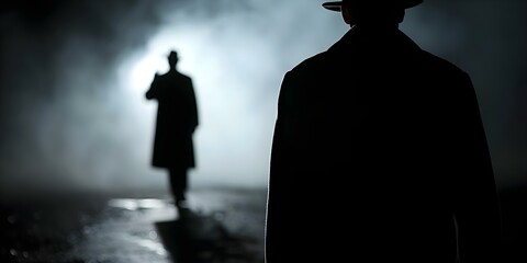 Detectives silhouette in dark background with smoke and lit match in hand. Concept Mysterious, Detective, Silhouette, Dark Background, Lit Match
