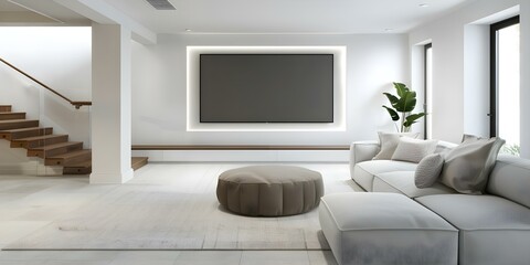 Mockup of a modern basement rec room interior for design presentation. Concept Basement Rec Room Design, Modern Interior Mockup, Design Presentation, Stylish Furniture Layout