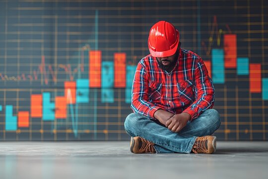 A disillusioned construction worker in a red helmet squats against a background of financial data and stock market graphs - Powered by Adobe