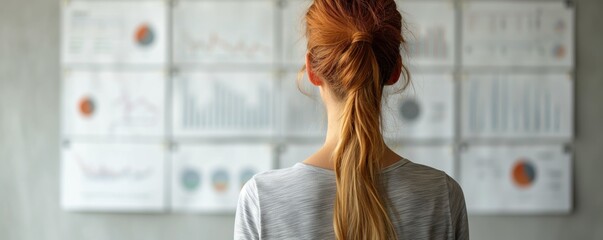 Rear view of a red-haired woman contemplating numerous statistical papers on a wall