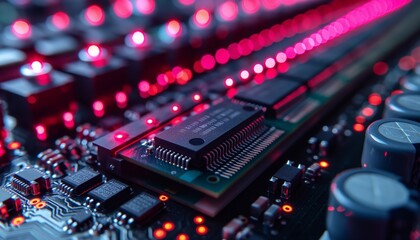 Naklejka premium A close-up image showcasing red LED lights on a black computer memory stick with intricate circuits