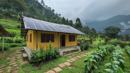 A small yellow house with a green roof sits in a lush garden