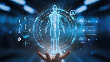 Digital interface with holographic human body highlighting AI-driven healthcare innovations and soft blur background

