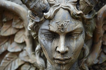 Naklejka premium Intricate details of an ancient warrior sculpture close up with leaf patterns and metallic texture, showcasing the craftsmanship and cultural heritage of this historic and ornate artwork